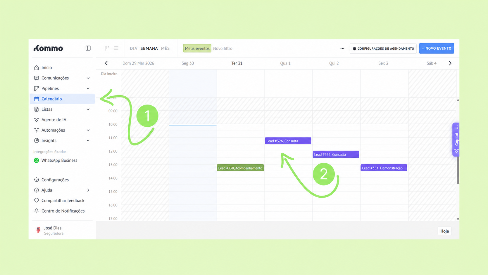 Calendar interface showing scheduled events and navigation options for managing leads.